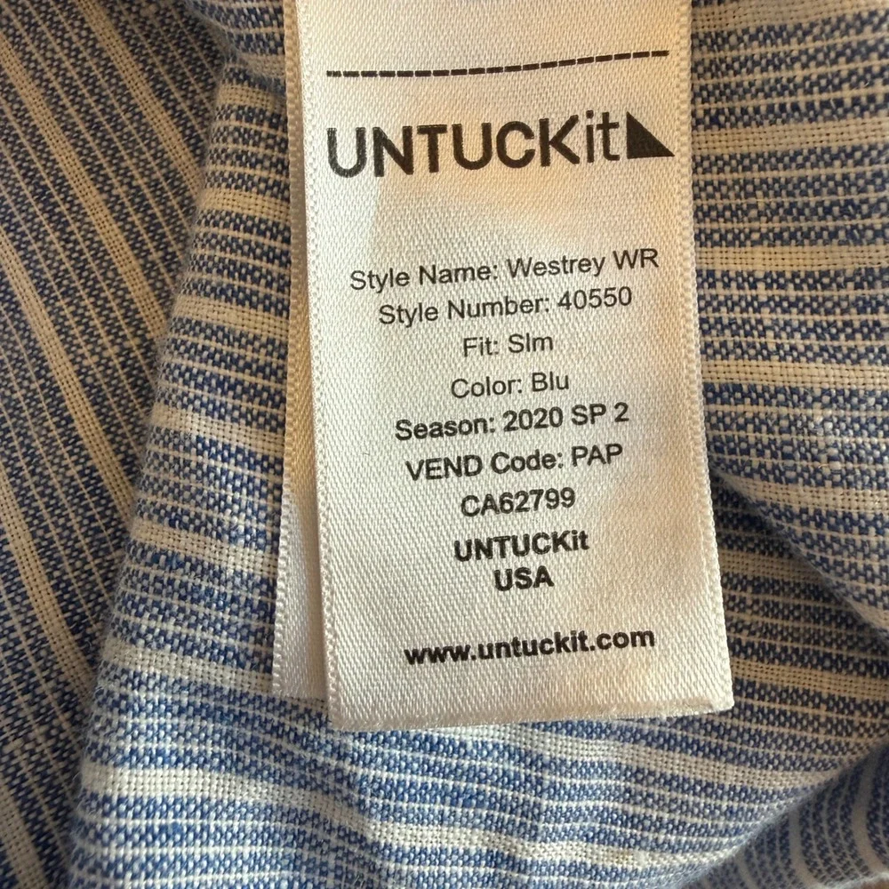 UNTUCKit Westrey WR Linen Shirt Mens Large Blue Stripe Slim Fit Short Sleeve